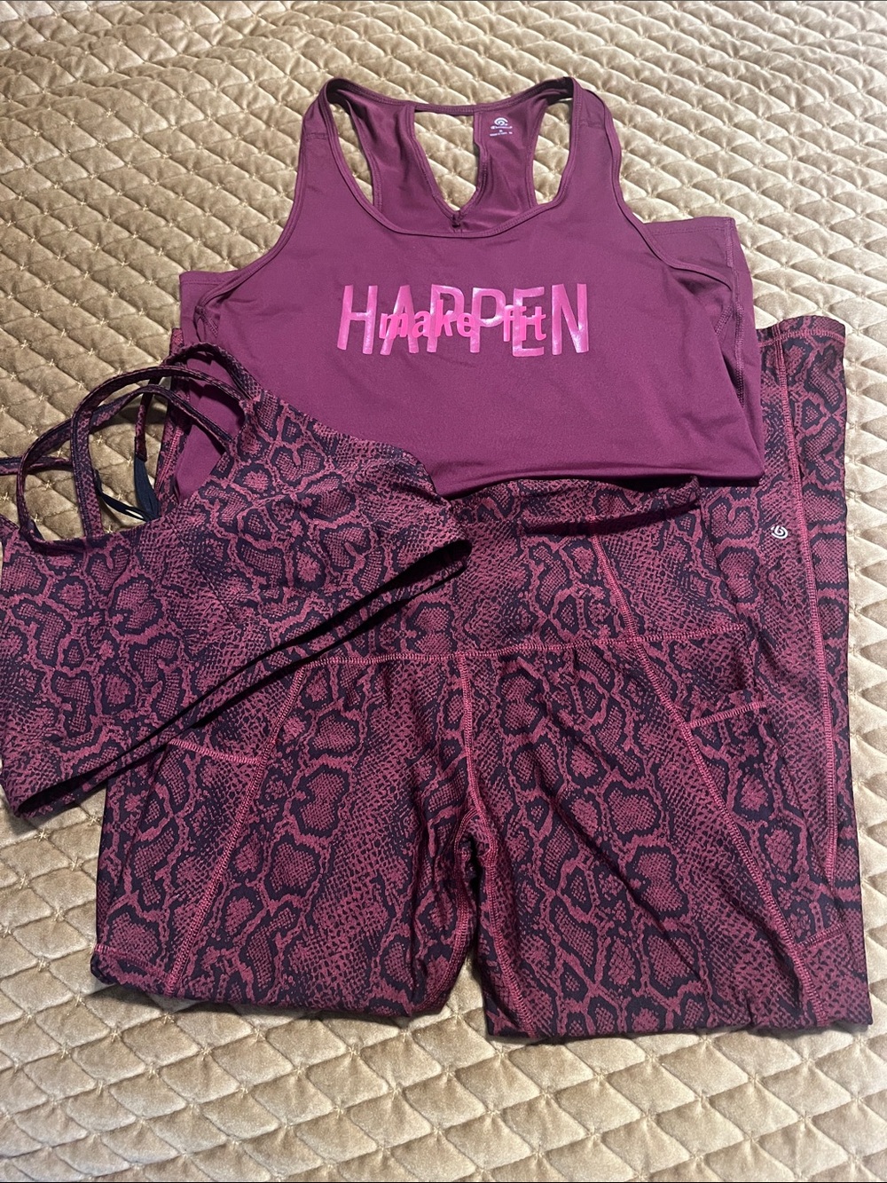 Maroon Active Set with Snake Print - Tank, bra and Leggings